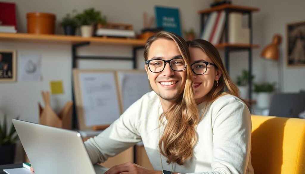 Persona satisfecha trabajando productivamente desde casa Persona satisfecha trabajando productivamente desde casa