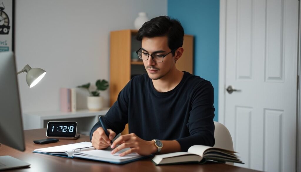 Persona utilizando técnica Pomodoro mientras trabaja desde casa Persona utilizando técnica Pomodoro mientras trabaja desde casa