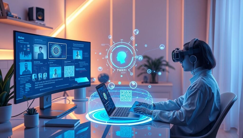 Representación futurista del trabajo remoto con tecnologías avanzadas Representación futurista del trabajo remoto con tecnologías avanzadas